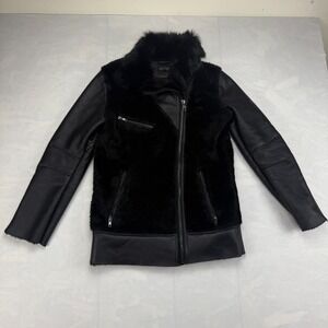 Topshop Faux Fur Leather Biker Jacket Womens Size 4 Black Lined Asymmetrical Zip